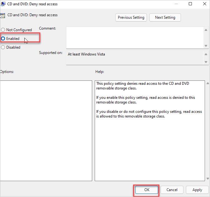 Casilla «Habilitado» en la configuración de la política