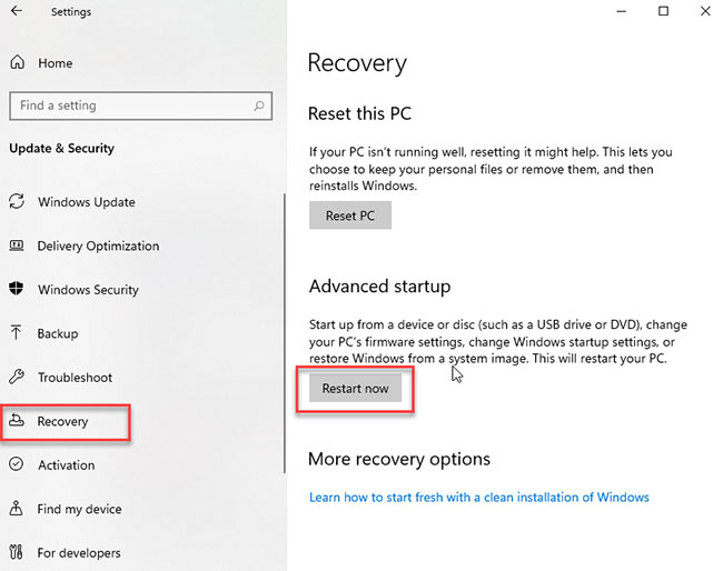 Reiniciar ahora en el inicio avanzado
